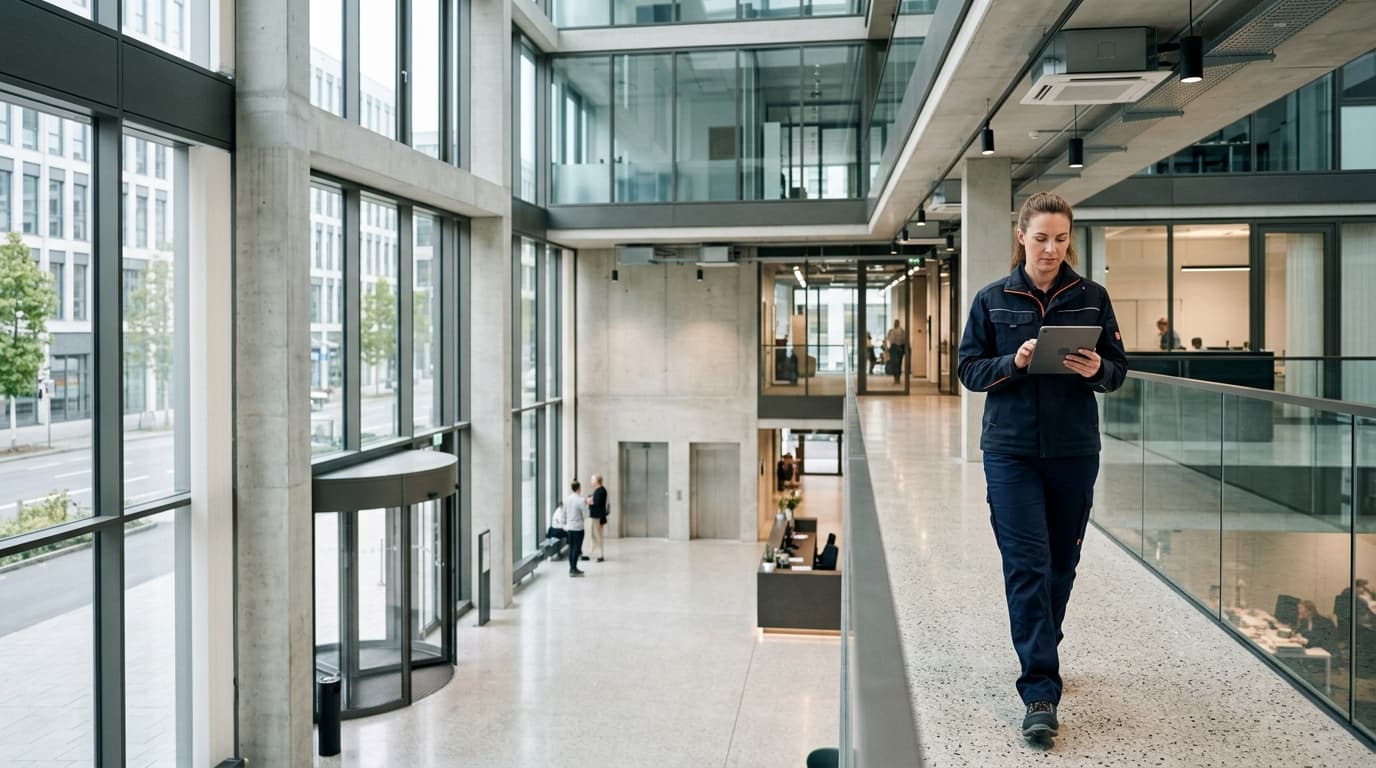 Mitarbeiter im Foyer eines modernen Gewerbegebäudes