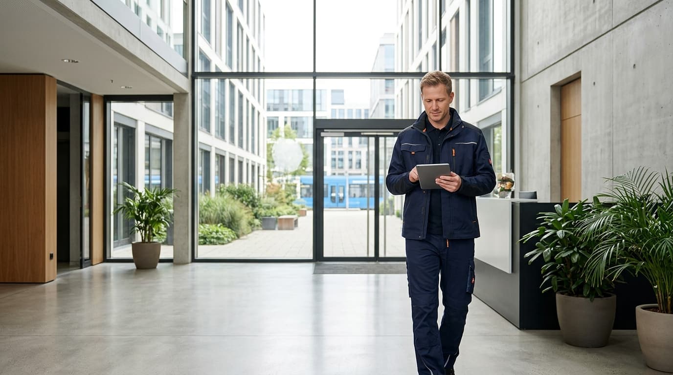 Professioneller Facility Manager kontrolliert eine Gewerbeimmobilie mit Tablet