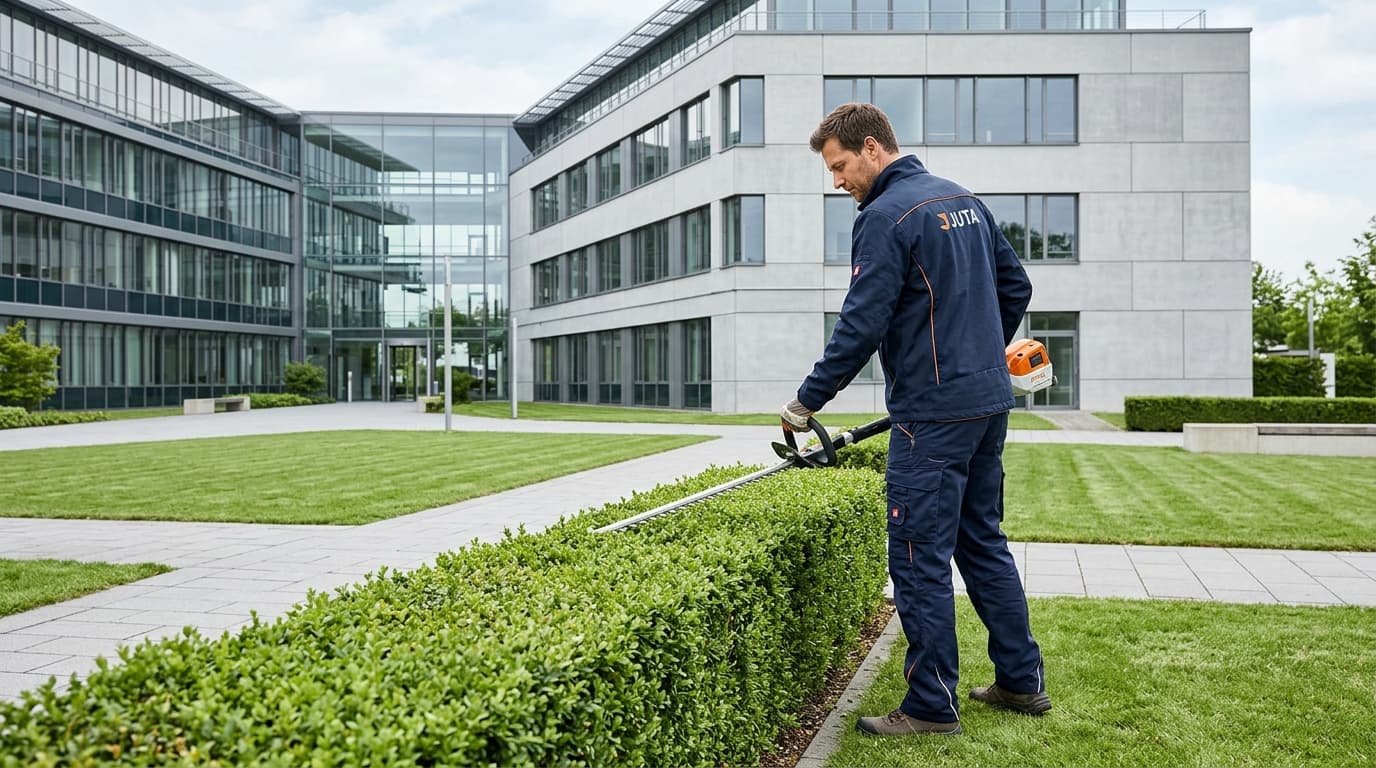 Mitarbeiter bei der Grünanlagenpflege an einer Gewerbeimmobilie