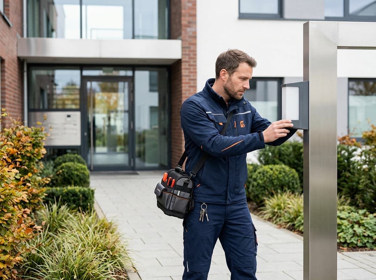 Mitarbeiter beim Hausmeisterservice an einer Gewerbeimmobilie