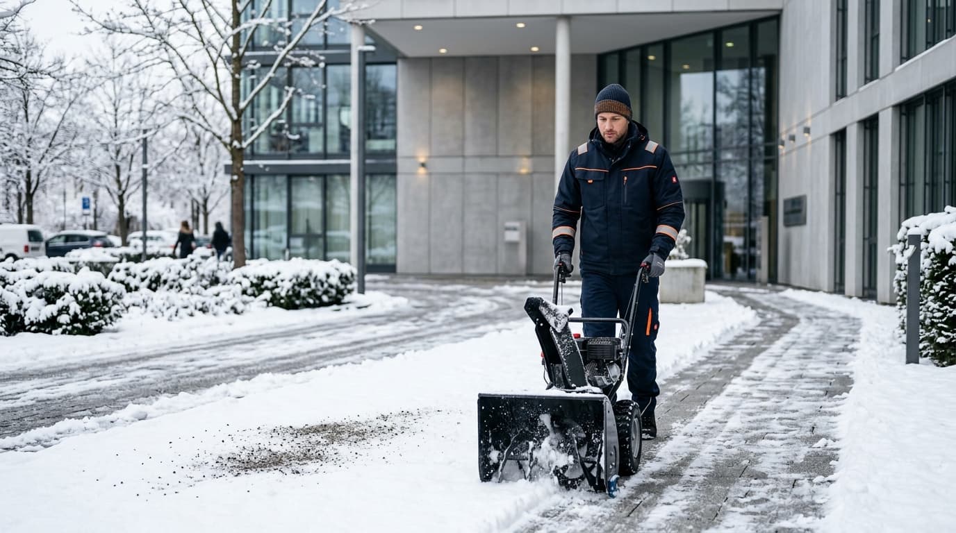 Mitarbeiter beim Winterdienst an einer Immobilie